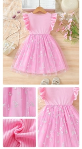 Close-up of pink layered ruffle sleeves and butterfly print mesh fabric details