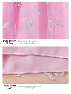 Detail of pink mesh princess dress showing cotton lining and layered skirt with silver butterflies