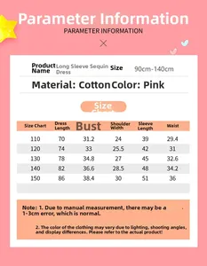 Size chart for pink long-sleeve sequined girl's dress with detailed cotton fabric measurements