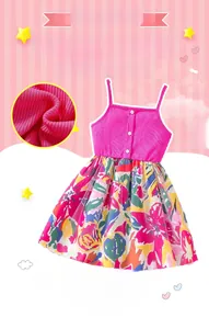 Detail of girls floral strap top and skirt set with pink ribbed fabric and bright patterns