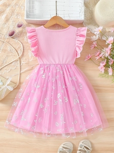 Pink flutter sleeve girl dress with butterfly mesh skirt and summer holiday accessories