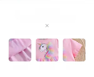 Détails d'une robe rose pour fille avec imprimé licorne et jupe en tulle coloré