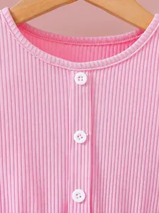 Pink ribbed flutter sleeve dress for girls with button detail and flower embroidery