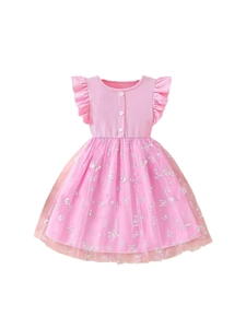 Pink flutter sleeve girl dress with floral embroidery and butterfly mesh skirt
