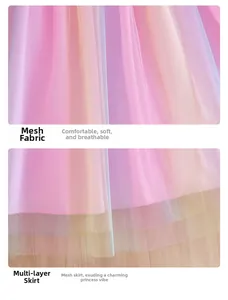 Détail du tissu en tulle dégradé arc-en-ciel et de l'ourlet multicouche pour fille