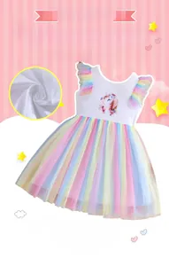Detail of soft breathable fabric and unicorn floral print on girls rainbow dress