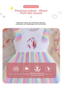 Detail of girls' unicorn dress featuring rainbow tulle skirt and soft cotton fabric