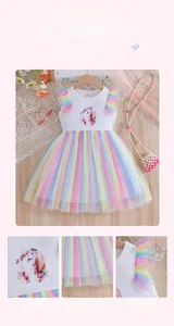 Detail of girls unicorn rainbow mesh dress with colorful embroidery and tutu skirt