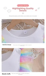 Detail of round neckline and rainbow mesh sleeves on a white Frozen-style girl's dress