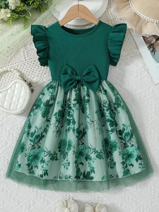 Girls Summer Dress Dark Green Knit Ribbed Patchwork Floral Mesh Skirt With Bow Flutter Sleeve Princess Party Dress For Kids