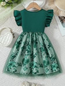 Girls dark green ruffle sleeve dress with floral print and mesh skirt overlay