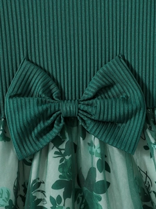 Toddler girl's dark green knit dress featuring a waist bow and floral mesh skirt