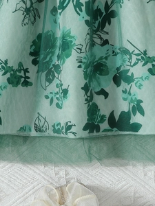 Detailed view of green mesh dress with floral print, ruffles and tiny rhinestone accents