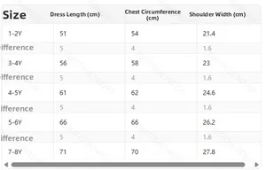 Size chart for girls bow print dress showing length and chest measurements for ages 1-8Y
