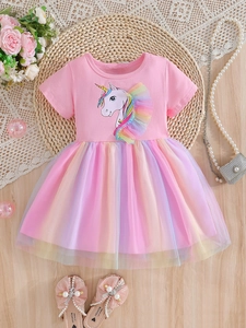 Robe À Manches Courtes Pour Filles Imprimé Licorne Tulle Arc-en-Ciel Style Princesse Tenue D'été