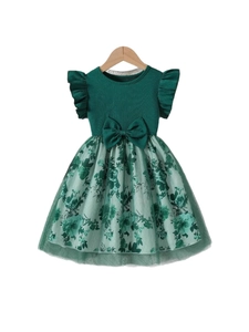 Girls dark green ruffle sleeve dress with floral mesh skirt and bow accent