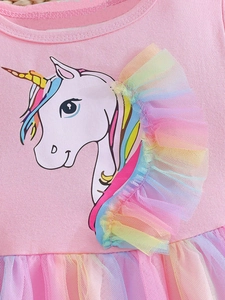 Robe en coton rose pour fille avec détail applique licorne en tulle arc-en-ciel