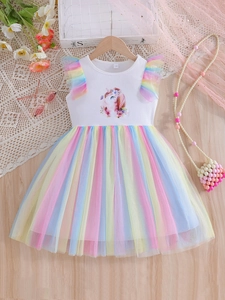 Girls Unicorn Rainbow Mesh Tutu Dress Short Sleeve Princess Party Dresses For Toddler Kids Summer Clothes