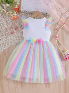 Girl summer rainbow tutu dress with sleeveless top and multi-layer colorful mesh skirt