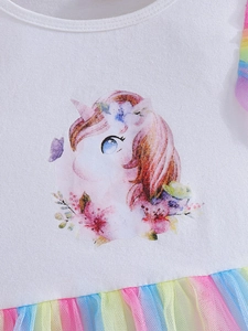 Girls white short sleeve dress featuring watercolor unicorn and rainbow mesh skirt