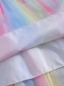 Girl's rainbow gradient tulle princess dress with colorful layers and soft white lining