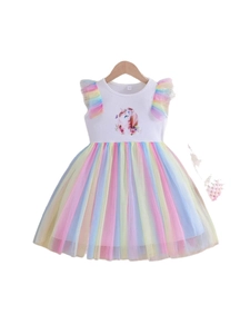 Girl's white unicorn short sleeve dress with colorful rainbow mesh tutu skirt