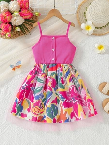 Girls Summer Rose Red Camisole Dress Floral Print Mesh Spliced Tutu Dress For Kids Vacation Beach Clothing