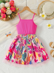 Girls summer dress with rose red ribbed bodice and floral print mesh skirt overlay