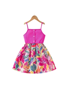 Girls' summer set with rose red ribbed strap top and vibrant floral print skirt