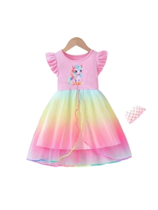 Meisjes unicorn regenboog tule prinsessenjurk met ruchesmouwen en bijpassende hoofdband