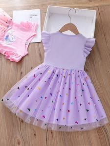 Robe licorne violette pour filles avec jupe en tulle multicouche et manches volantées