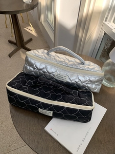 Heart quilted portable cosmetic bags in silver and black with top handles