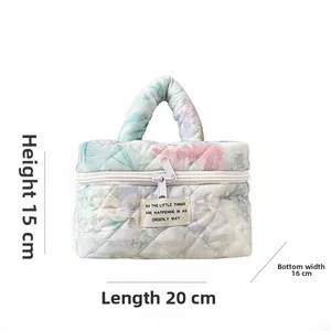 Quilted floral makeup bag size chart showing dimensions height 15cm, length 20cm, width 16cm