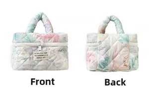 Detailed front and back views of a quilted floral makeup bag with a soft cotton texture