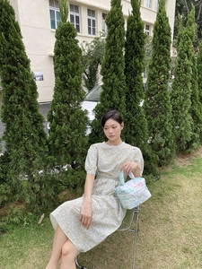 Quilted floral makeup bag carried by a model in a light yellow puff sleeve dress