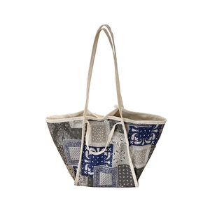 Bolso tote vintage de lona con estampado paisley de gran capacidad y asas dobles