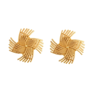 Elegant gold windmill stud earrings with intricate woven texture and vintage metal finish