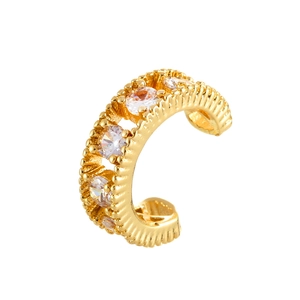 Elegant gold-tone ear cuff with vertical texture and five clear cubic zirconia stones