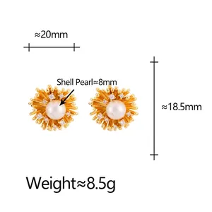Golden sunflower shell pearl earrings with zircon petals measuring 20mm and weighing 8.5g