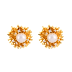 Elegant gold sunburst stud earrings with white pearl and sparkling zircon accents