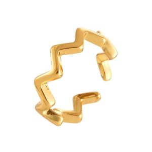 Polished gold wavy adjustable open ring with minimalist geometric zigzag design