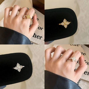Elegant Four Leaf Clover Flower Open Ring Copper Cubic Zirconia Adjustable Minimalist Fashion Jewelry For Women