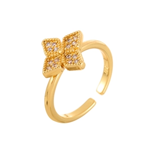 Elegant gold open ring featuring a four-leaf clover design with sparkling zircon stones