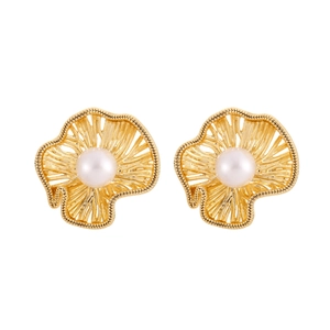 Elegant gold petal-shaped stud earrings with center white pearl and radial texture