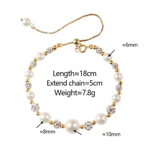 Bracelet élégant en perles dorées avec boules en pavé de cristaux et chaîne réglable