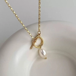 Elegant French gold pearl pendant necklace with box chain and OT toggle clasp closure