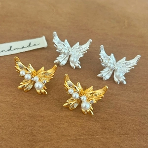 Butterfly Wing Stud Earrings Gold Plated Alloy With Faux Artificial Pearls And Sparkling Rhinestones Elegant Jewelry For Women