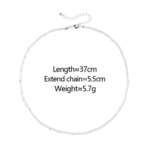 Detail showing white shell pearl necklace dimensions with 37cm length and 5.5cm extension