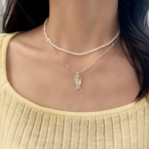 French style double-layer pearl necklace with elegant mother of pearl fish pendant