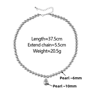 Gray pearl necklace size details showing 37.5cm length and 5.5cm extension chain